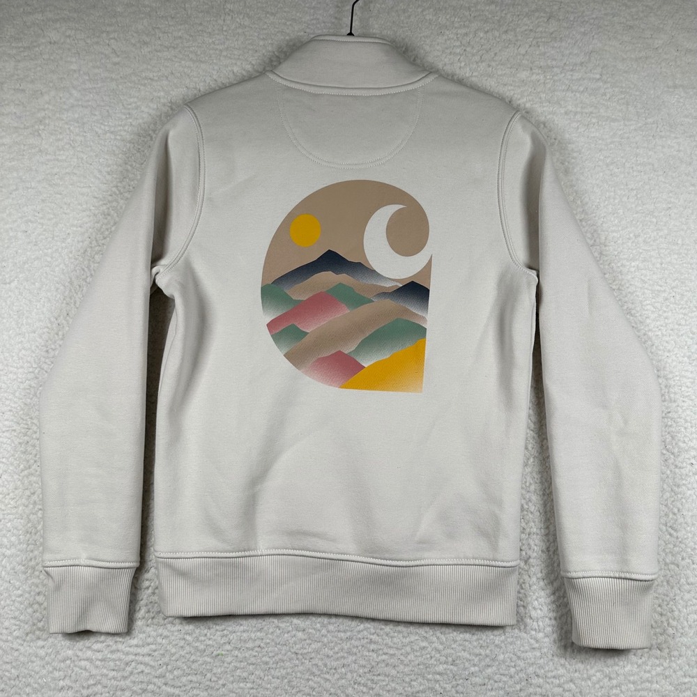 Carhartt Quarter Zip Relaxed Fit Sweatshirt Womens Mountain Moon Logo XS Cream